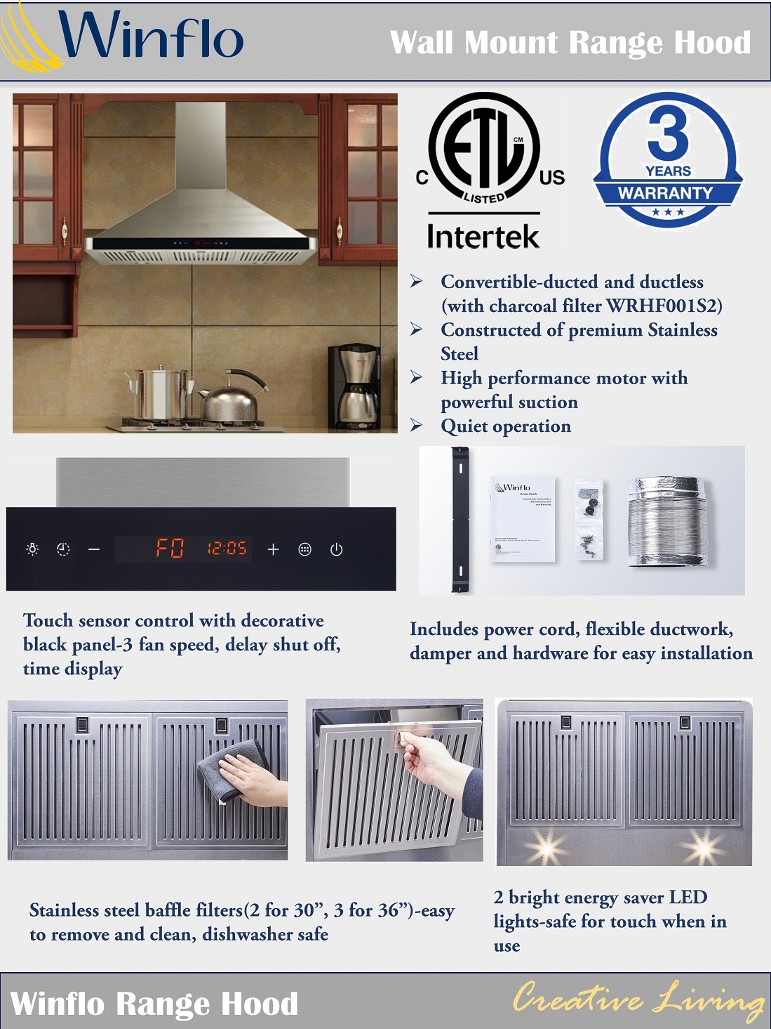 Winflo 36 in. Convertible Wall Mount Range Hood in Stainless Steel with